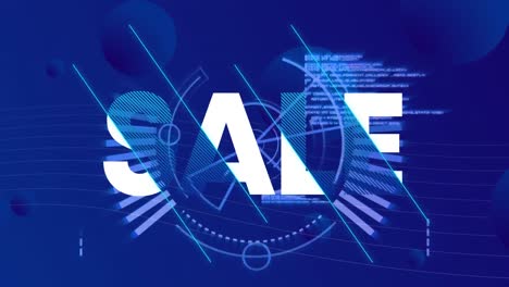 animation of sale text with geometric shapes and computer language on blue background