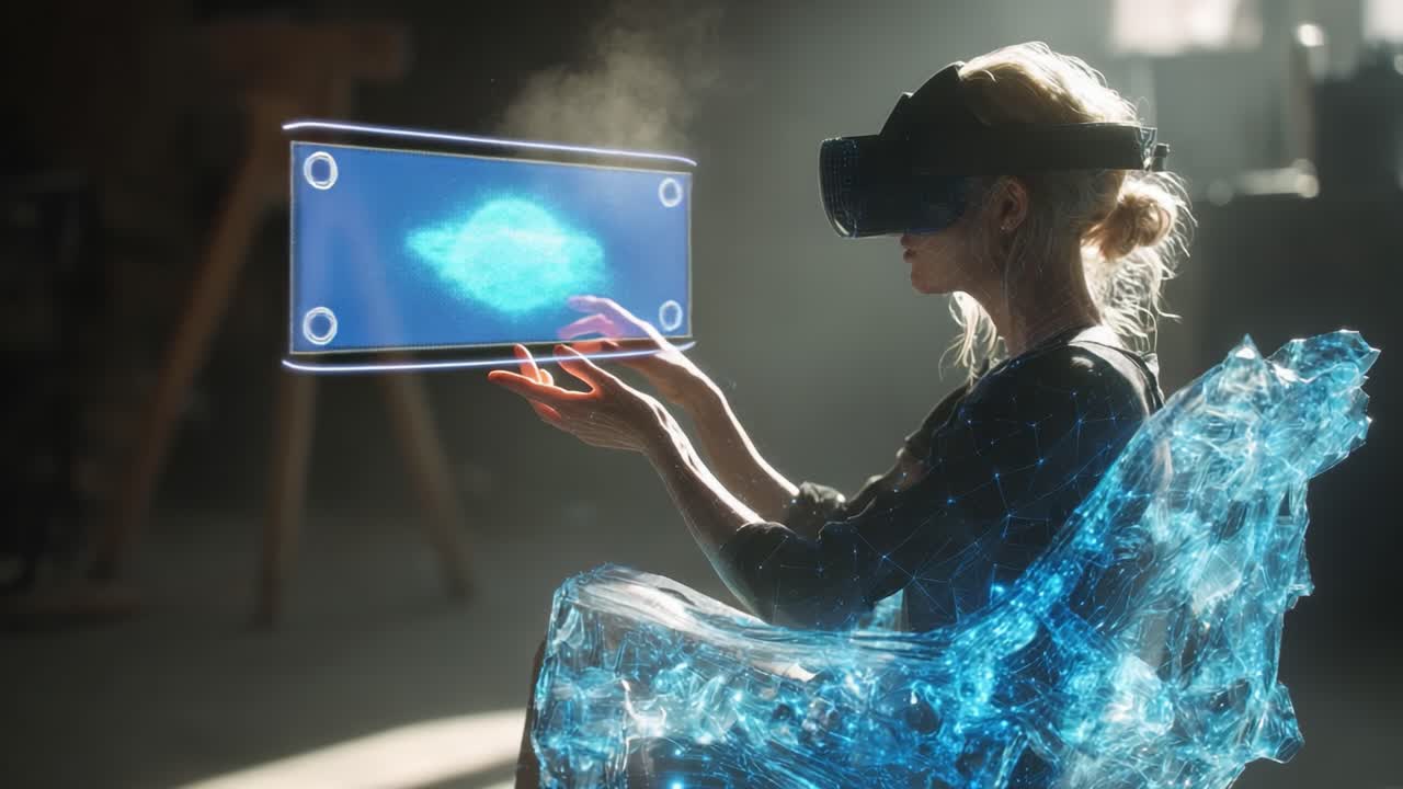 A woman immersed in a virtual reality experience sits comfortably in a translucent chair, exploring holographic interfaces with her hands. The scene blends technology and artistry in a captivating display
