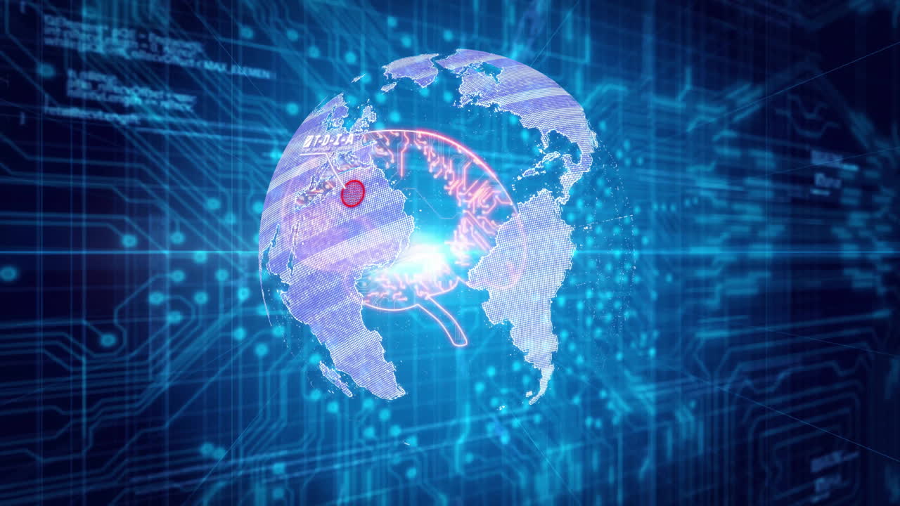 검은색 바탕에 컴퓨터 회로판을 통해 데이터 처리를 하는 지구상의 애니메이션