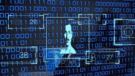animación de procesamiento de datos y iconos de personas sobre hacker caucásico masculino usando portátil
