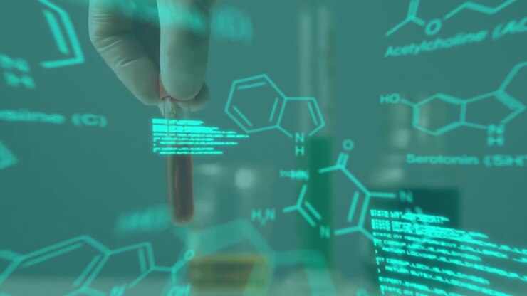Animation of chemical formulas and data over hand of lab worker with sample