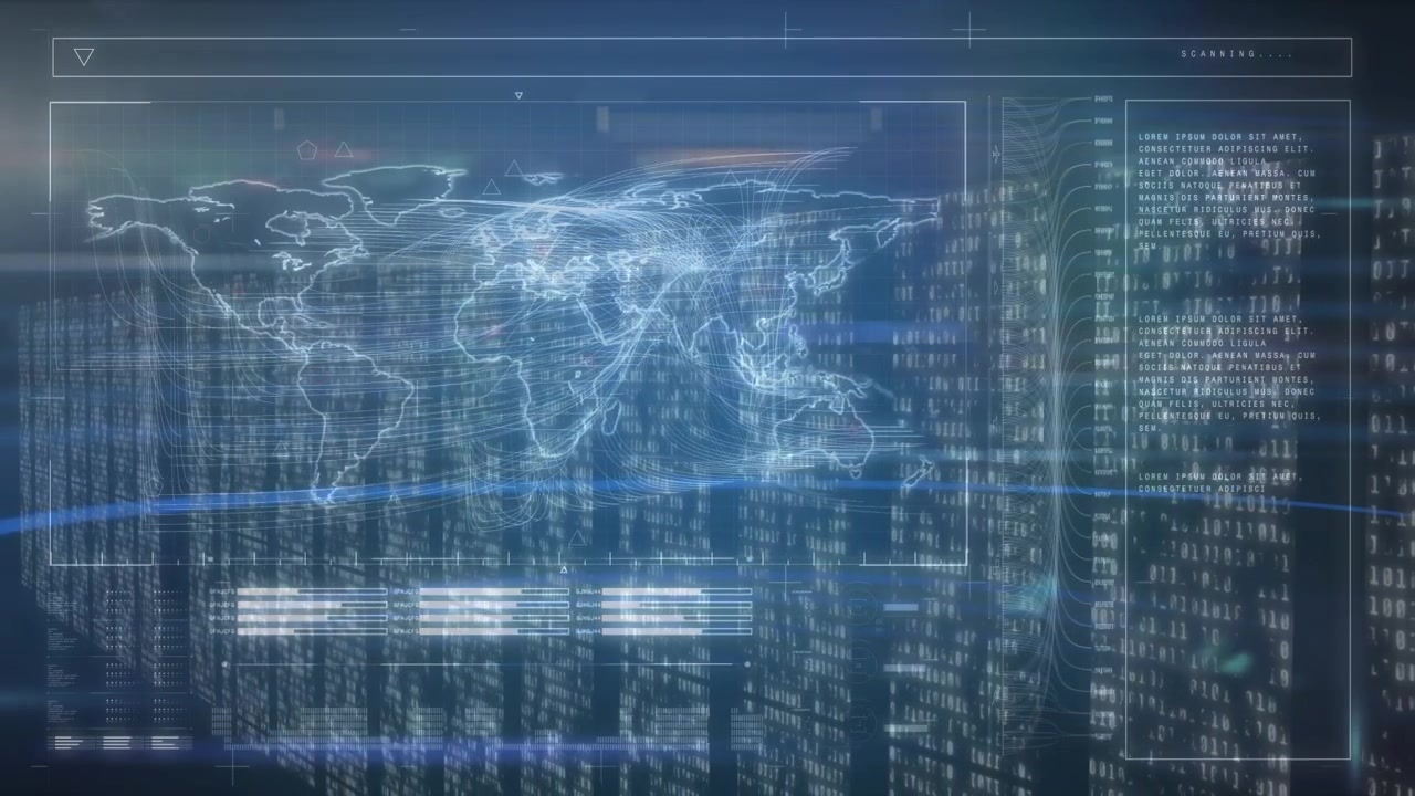 Animation of world map and data processing over server room