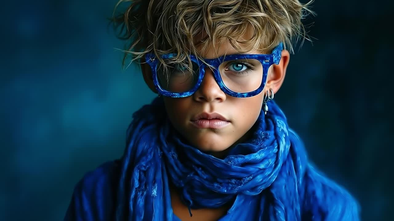 A young boy wearing blue glasses and a blue scarf