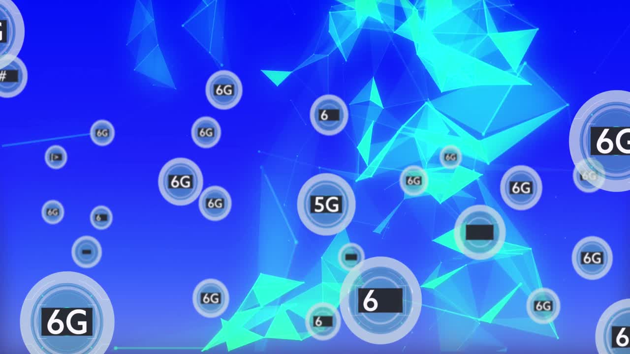 파란색 배경 위에 6g 텍스트와 모양의 애니메이션