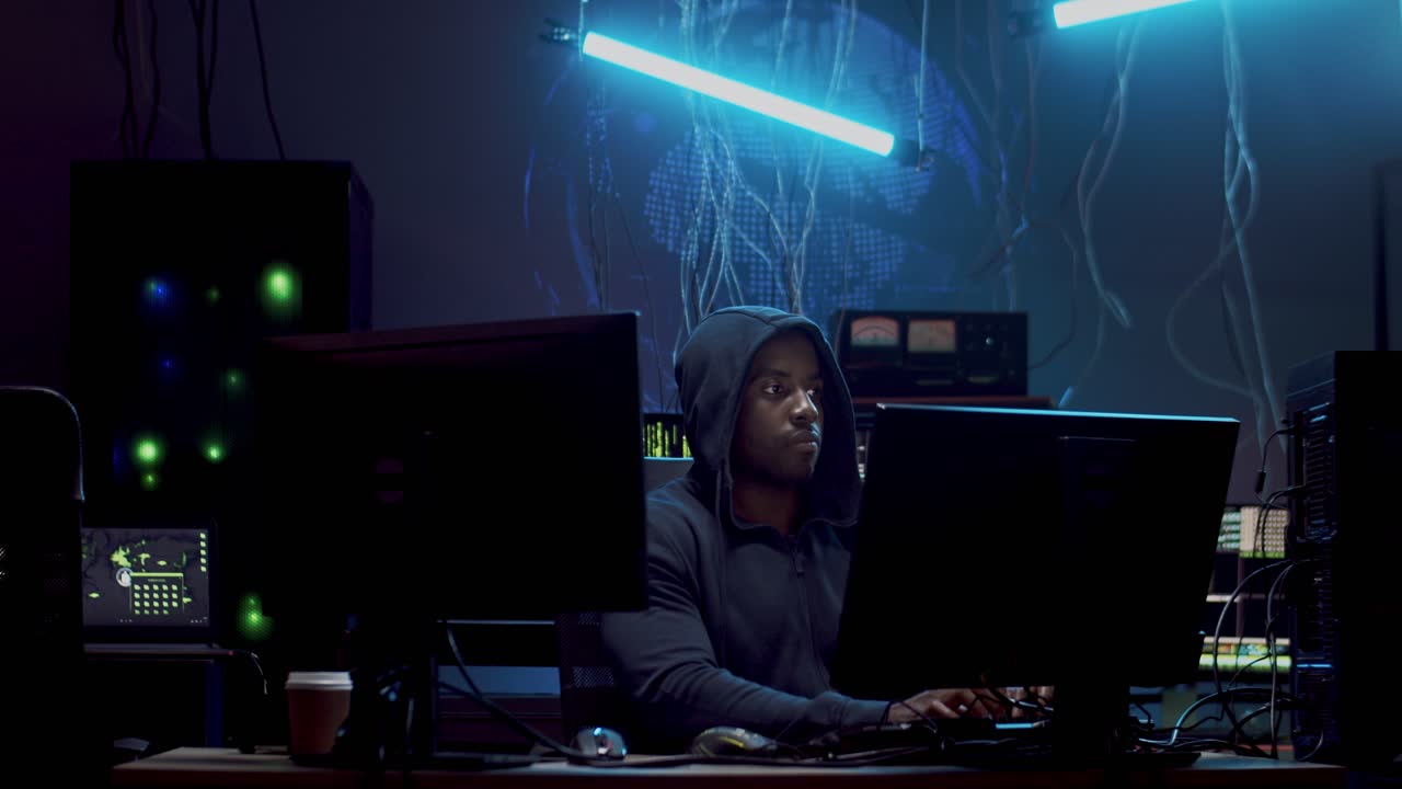 joven ladrón de datos cibernéticos en línea sentado en la pantalla de la computadora en la rom oscura y robando información digital