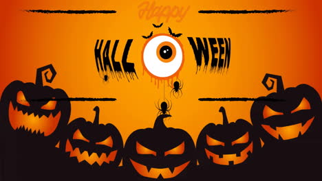 animación del texto de halloween con ojos espeluznantes y calabazas talladas en fondo naranja