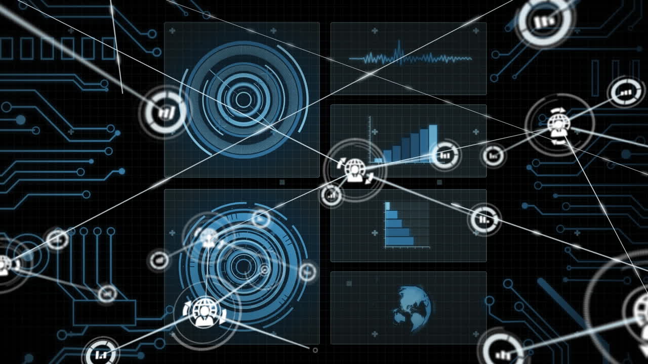 Animation of data processing with network of connections on black background
