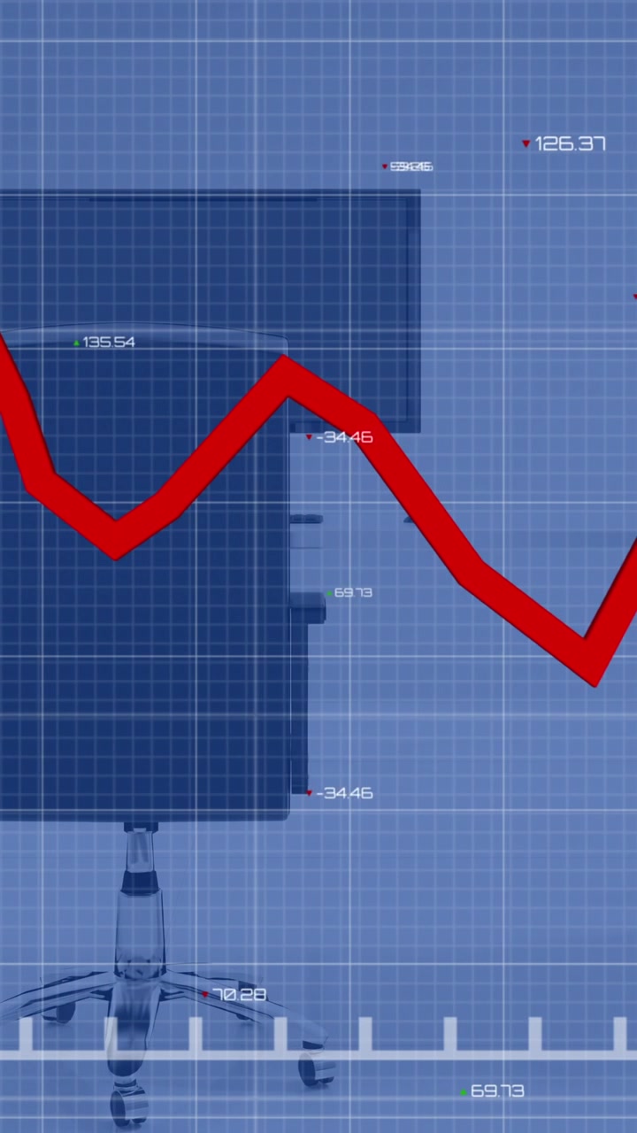 Red line graph and processing data over chair and computer on desk in empty office