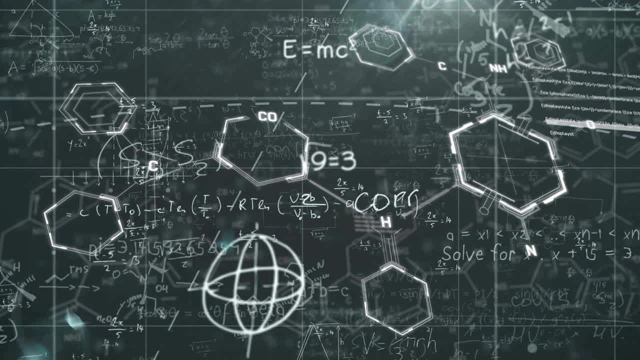 Animation of chemical formula over mathematical equations on black background