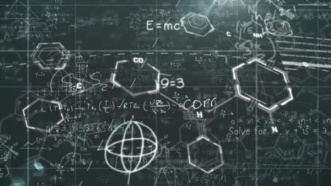 animation of chemical formula over mathematical equations on black background