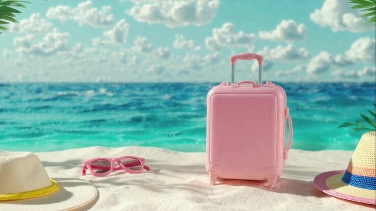 Valigia rosa e accessori da spiaggia su una spiaggia tropicale sabbiosa