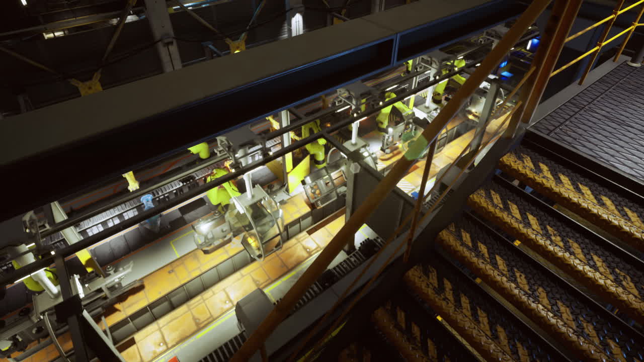 Nighttime industrial machinery runs on the production line