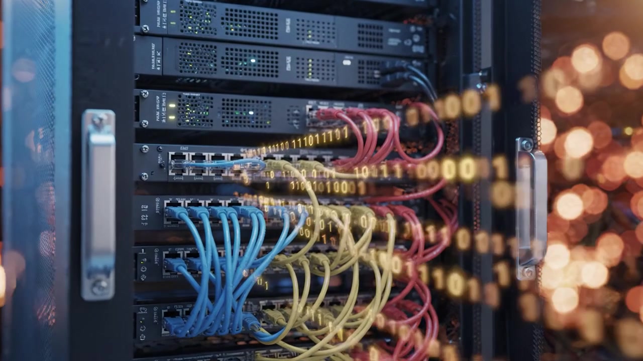 Data Center Hardware with Colorful Cables and Blurred Lights Showcasing Modern Networking Technology and Infrastructure in a Dynamic Digital Environment.