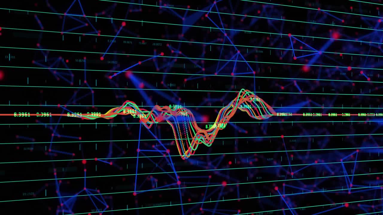 검은 바탕에 연결 네트워크의 디지털 애니메이션 및 금융 데이터 처리가