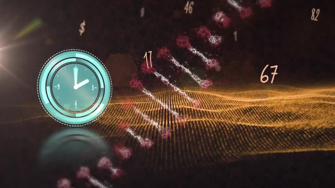 animación del reloj, la cadena de adn y los números en fondo negro