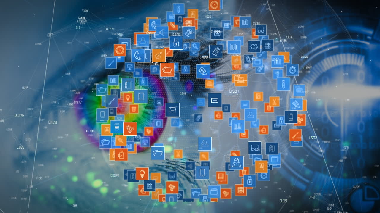 animación de la red de conexiones con iconos sobre el ojo de la mujer