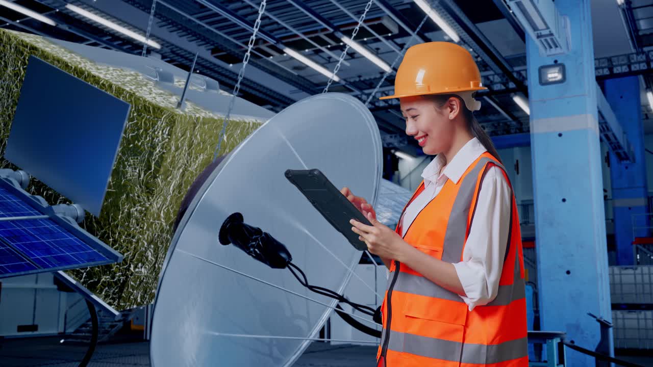 현대적인 시설에서 일하는 위성 기술자