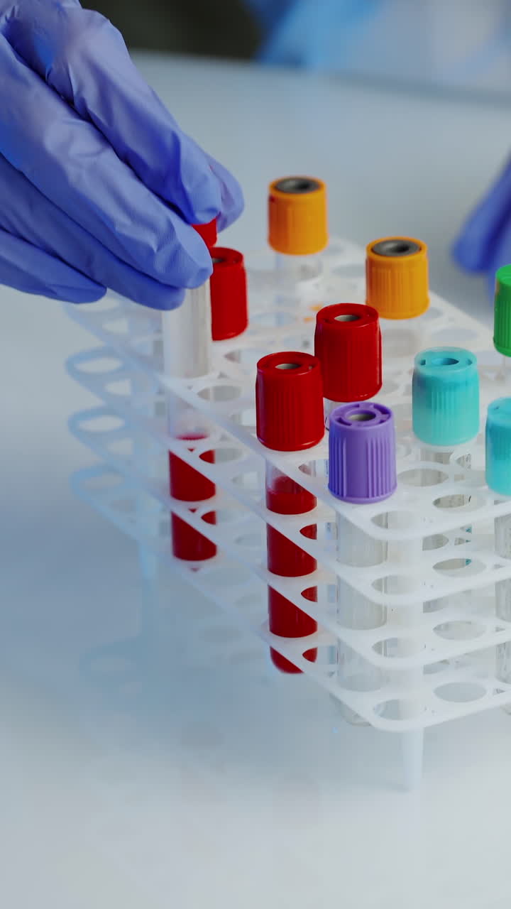 Medical equipment for blood test. Hands of doctor holding bottles of blood