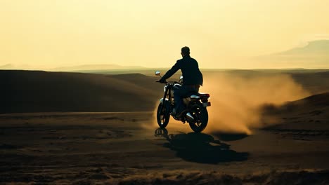 man riding a motorcycle through a desert at sunset