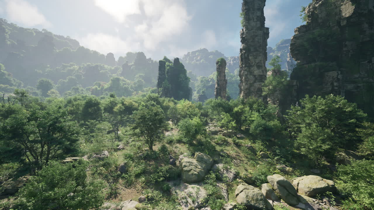 울창 한 정글 풍경 과 아오르는 바위 절벽