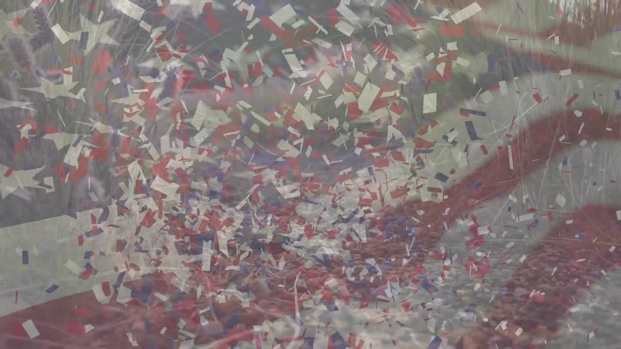 미국  ⁇ 발과 콘페티의 애니메이션이 달리는 사람 위에 움직입니다.