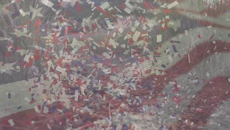 animación de la bandera estadounidense y confeti moviéndose sobre el hombre corriendo