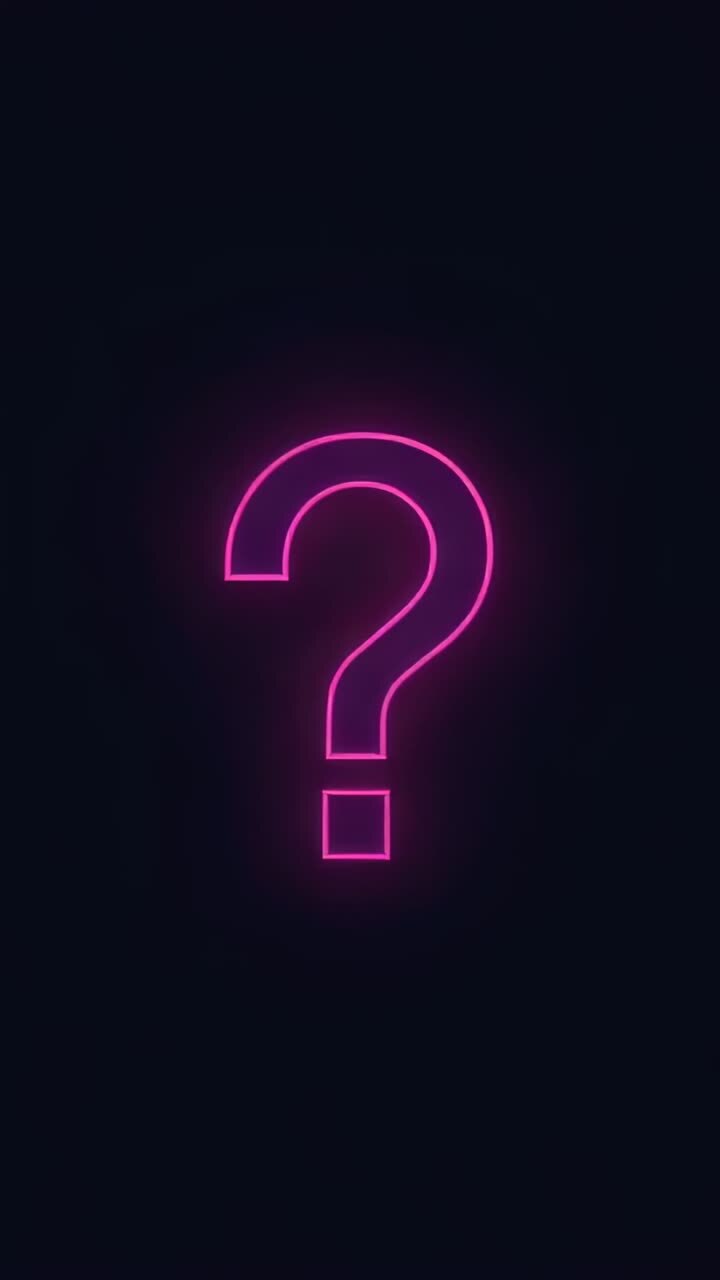 Vertikal video: Pulserende neon-spørgsmålstegn, der svagt lyser og bliver til en glorie på sort baggrund i en løkke.