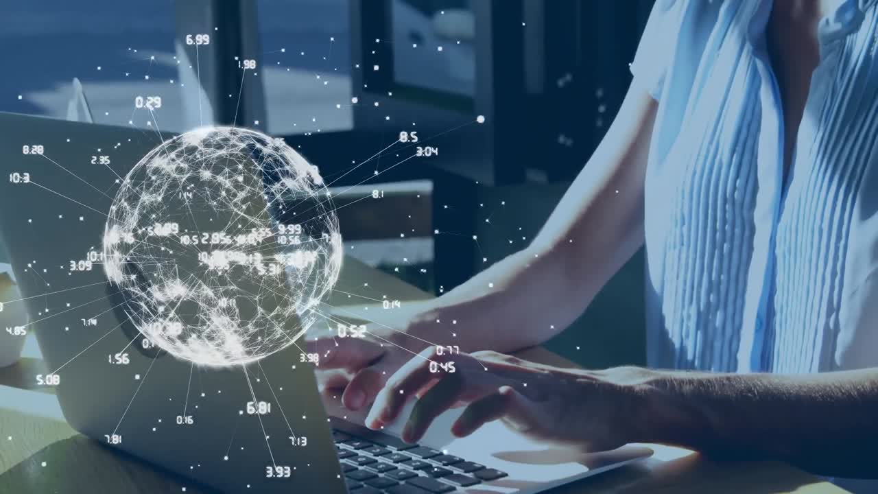 노트북을 사용하는 백인 사업가 여성 위에 숫자를 가진 지구의 애니메이션