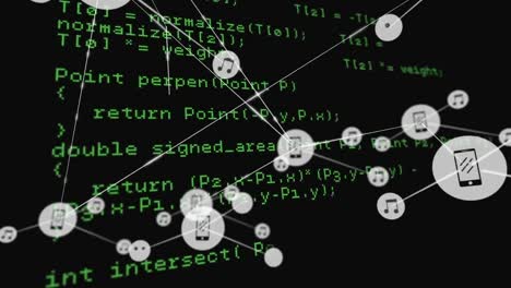 Animation of icons connected with lines over looping computer language against black background