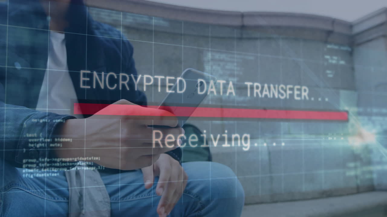 Person outdoors using smartphone with animated encrypted data transfer visualization