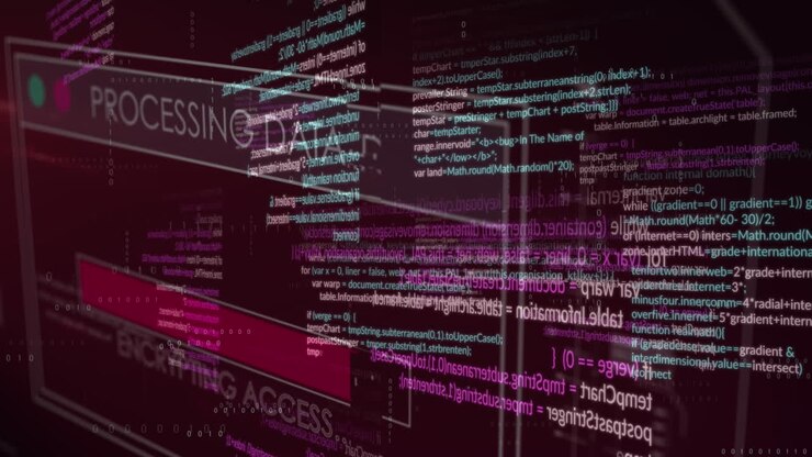 Animation af interface med databehandling på sort baggrund