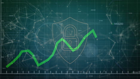animación del procesamiento de datos estadísticos a través del icono del candado de seguridad y la red de conexiones.