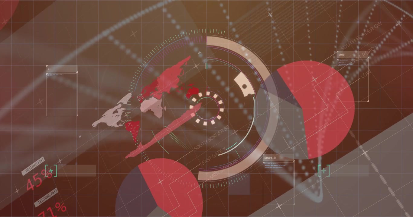 Elemento HUD circolare concentrico che ruota su un'interfaccia digitale, mostrando linee a griglia e finestre di dati
