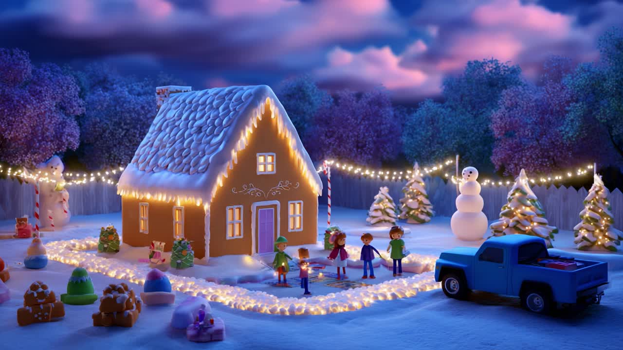 A Cozy Winter Wonderland Scene Featuring a Charming Gingerbread House Decorated with Lights, Surrounded by Snow, Colorful Candy, and Cheerful Children Engaging in Festive Activities
