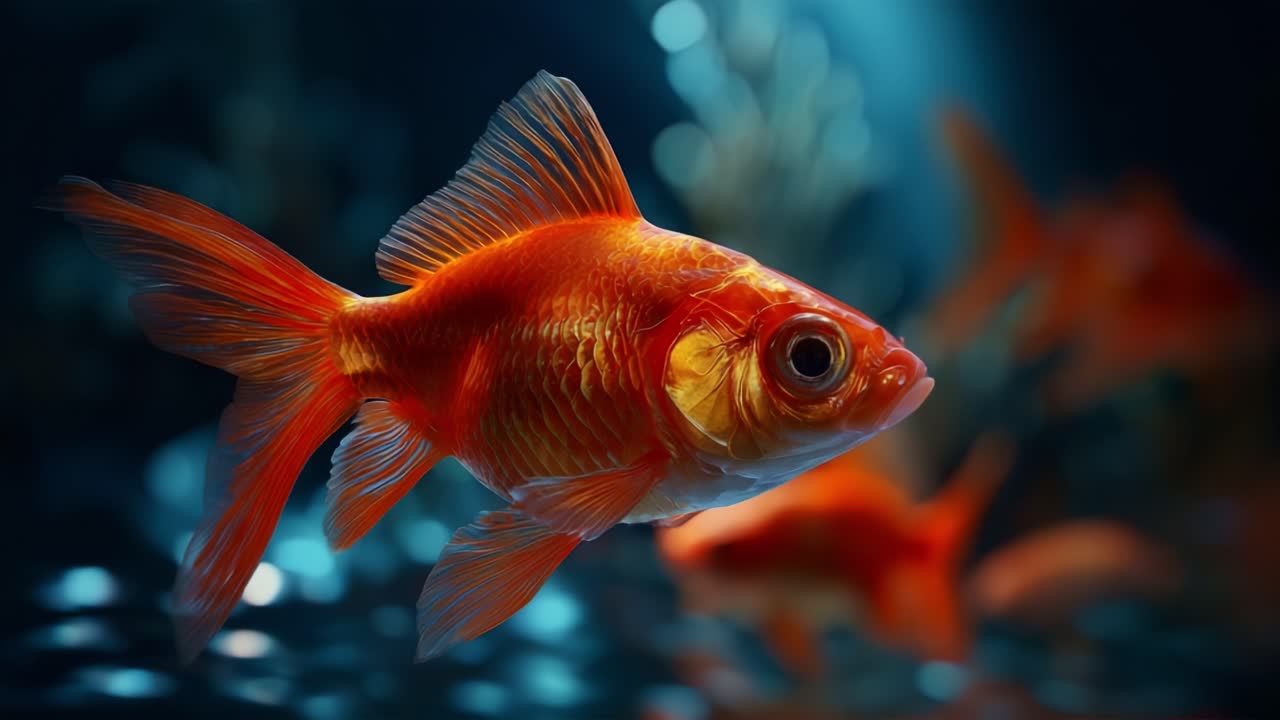 Un primo piano accattivante di un pesce rosso che nuota con eleganza in un ambiente sottomarino sereno, con bolle e luce soffusa che creano un'atmosfera incantevole