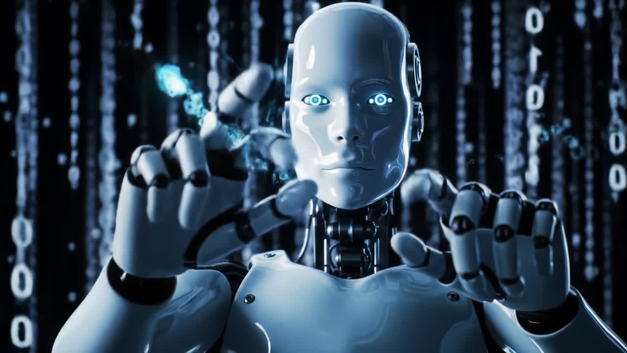A humanoid robot stands in a digital environment, showcasing artificial intelligence and technology trends, surrounded by flowing binary code and glowing elements