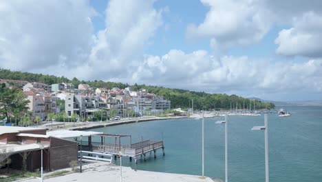 coastal town with marina and pier