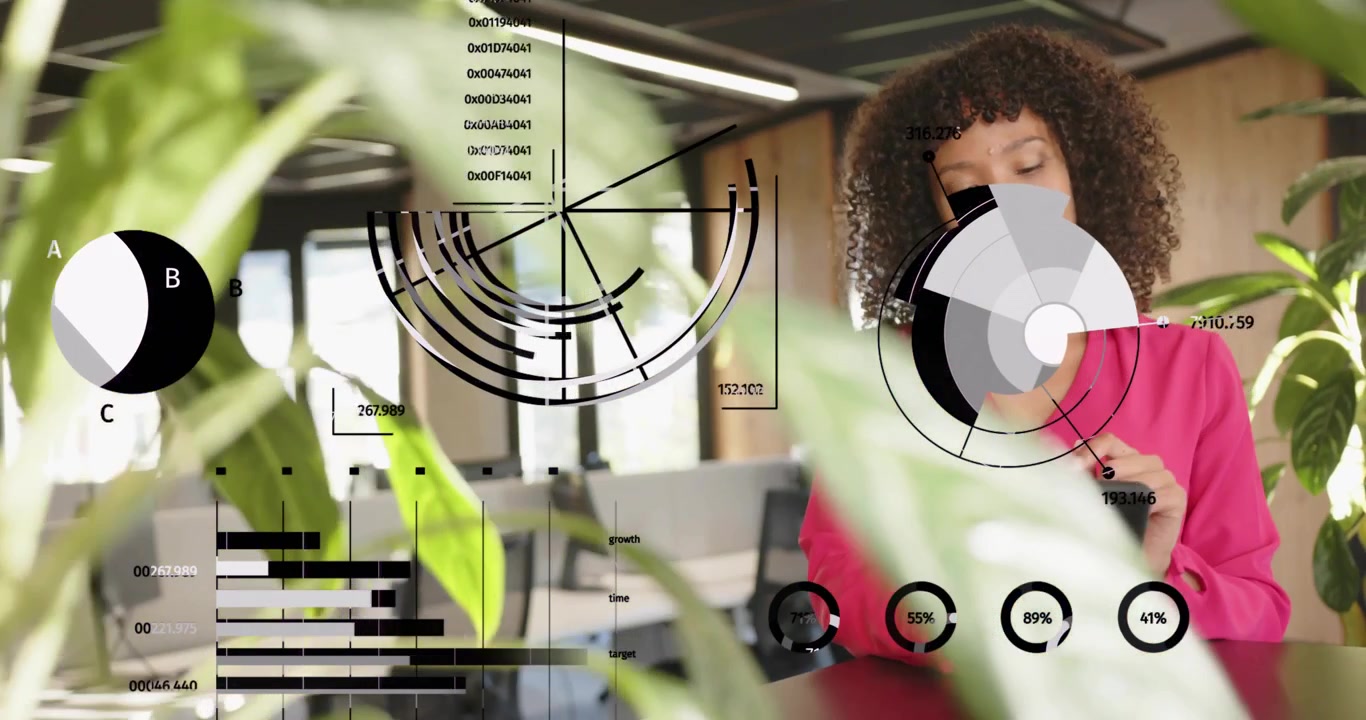 Foglie di piante che si scostano, donna che tocca lo smartphone, analizzando grafici di dati tecnologici animati