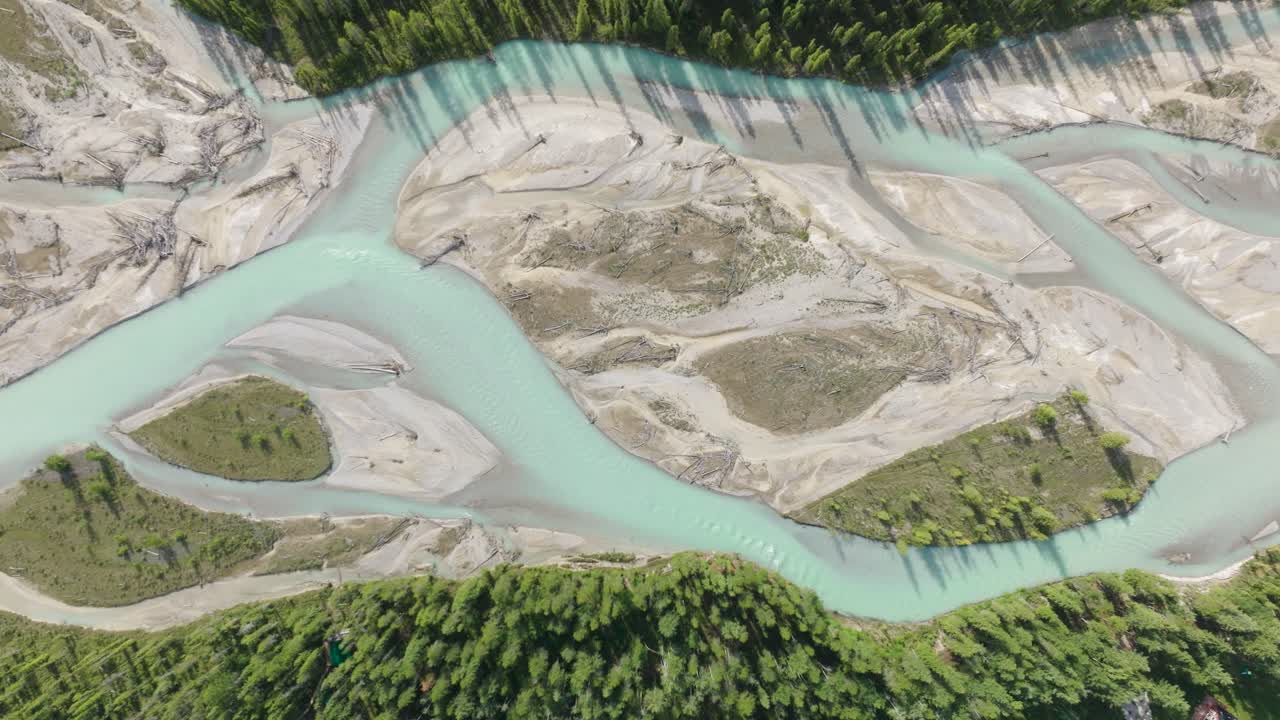 Overhead View Of Blaeberry River With Turquoise Waters In The Canadian Rockies Near Golden In British Columbia, Canada. - aerial shot