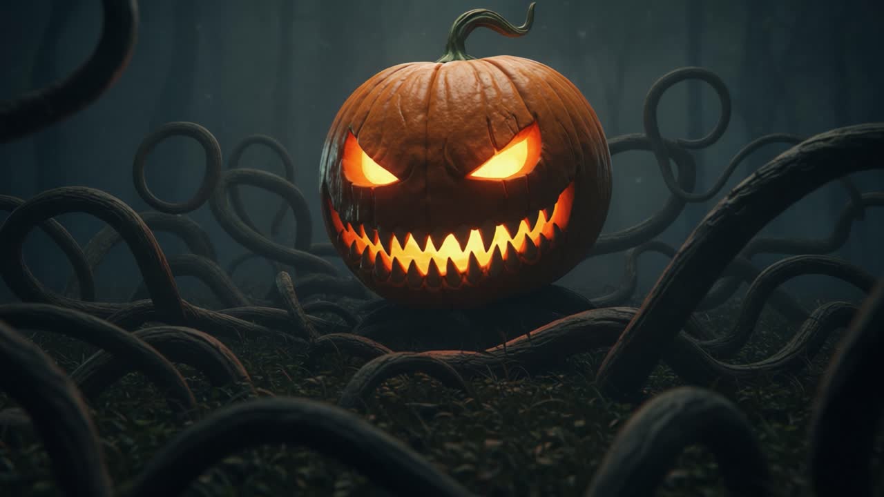 A Fiendish Pumpkinscape: A Menacing Jack-o'-Lantern Surrounded by Twisted Vines in a Mystical Forest, Invoking the Spirit of Halloween with Eerie Vibes and Haunting Glow