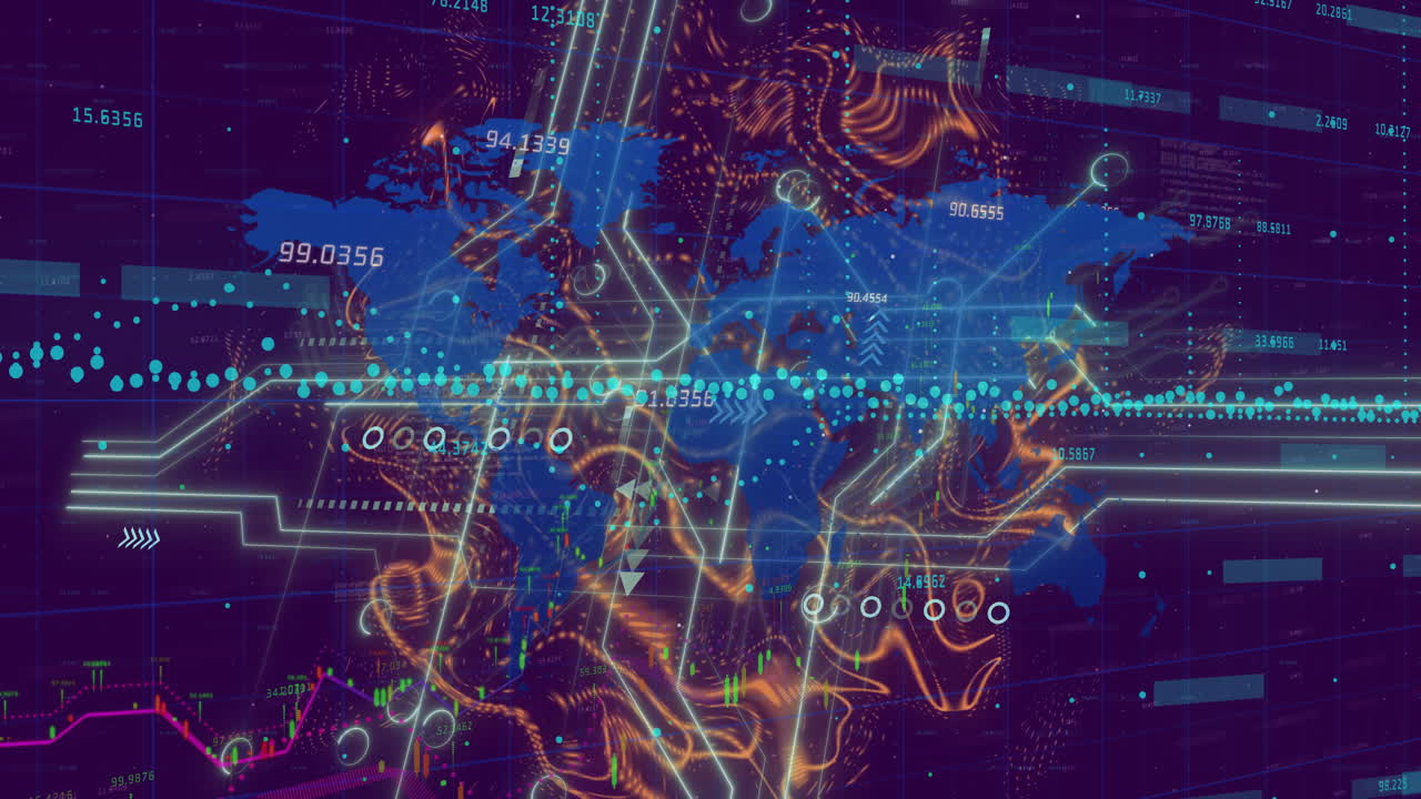 Digital world map with data points and network connections animation