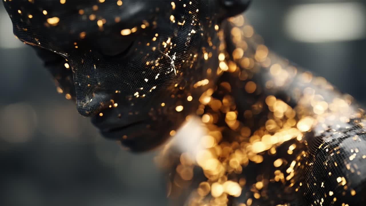 Un magnifico primo piano di una figura metallica scintillante, splendidamente adornata con particelle luminose, che mostra una bellezza artificiale e un fascino etereo in un'opera d'arte visiva accattivante.