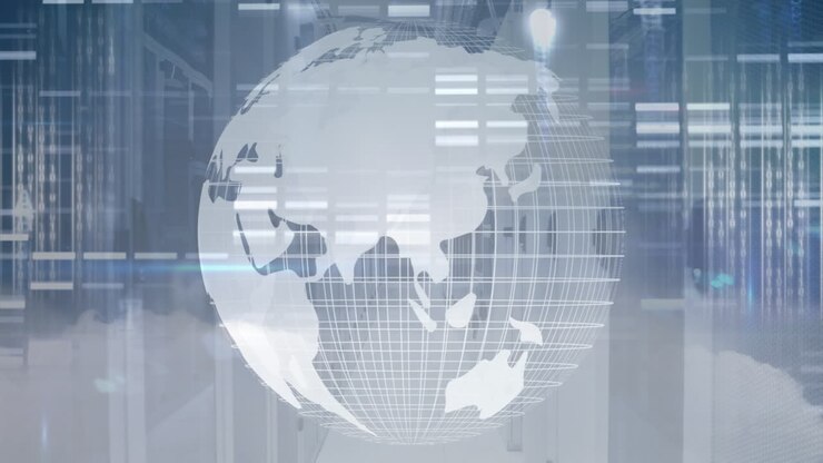 Animation of data processing over globe and computer servers