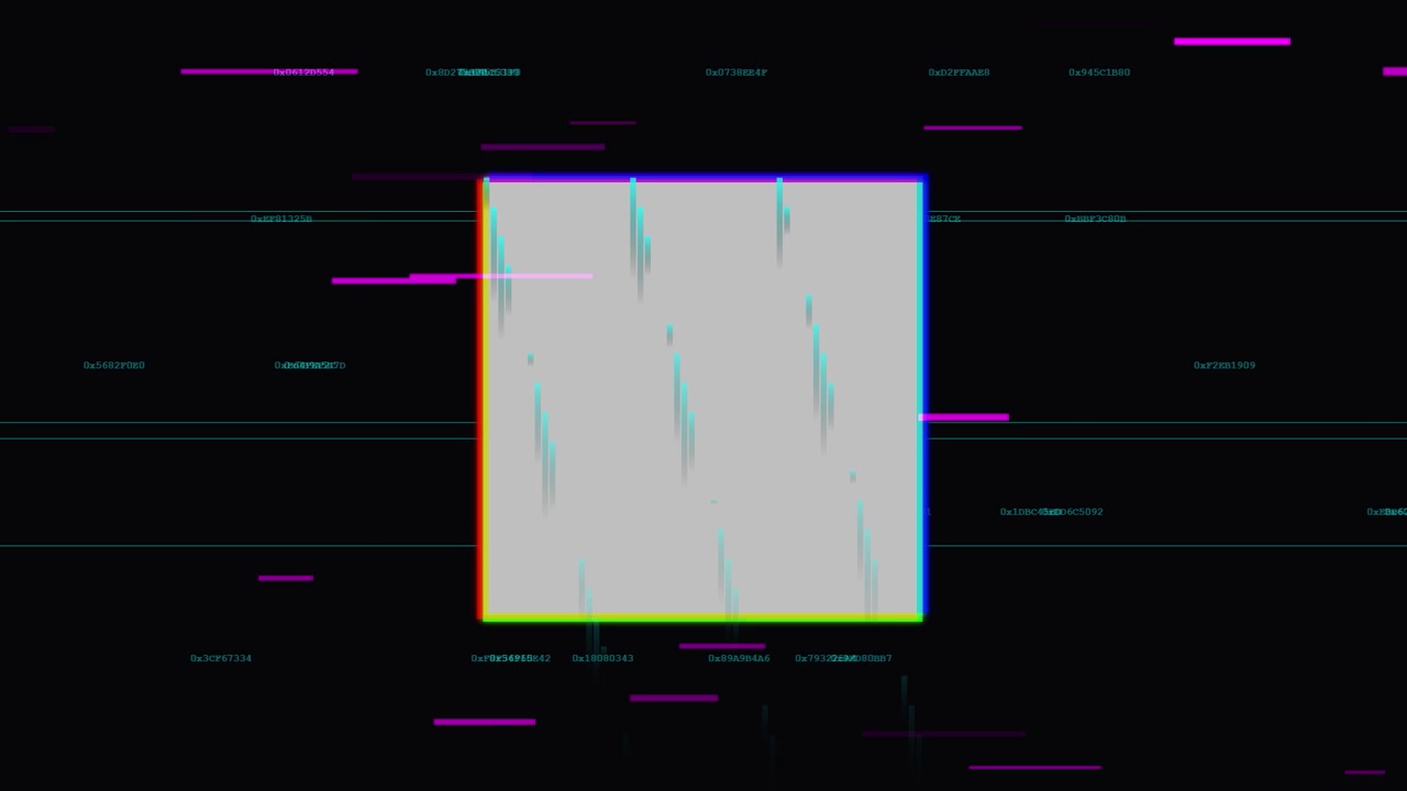 Effetto Glitch Digitale con Flussi di Dati Astratti e Codice Esadecimale Fluttuante