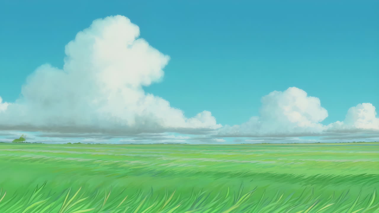 Anime Landscape: Vast Green Field under a Cloudy Blue Sky