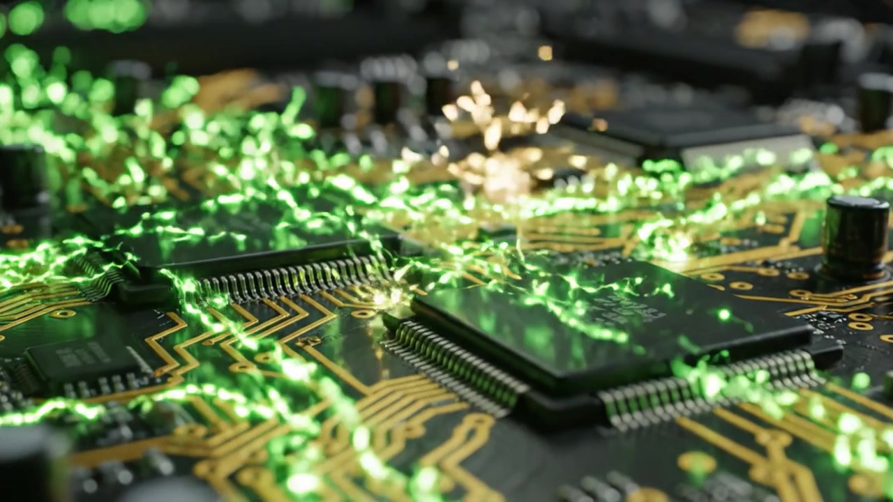 A Close-Up Exploration of a Circuit Board, Highlighting Intricate Connections and Dynamic Energy Flow with Illuminated Green Patterns