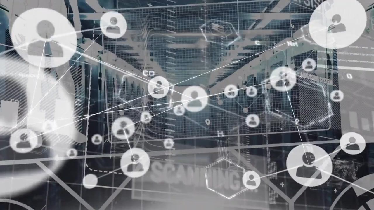 Animation of network of connections with icons and data processing over server room