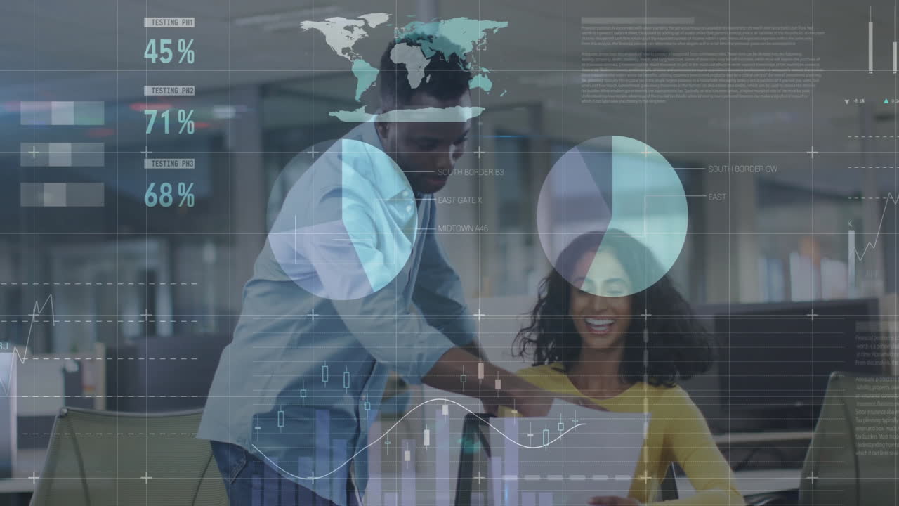 animación de procesamiento de datos y diagramas sobre diversos colegas discutiendo el trabajo en la oficina