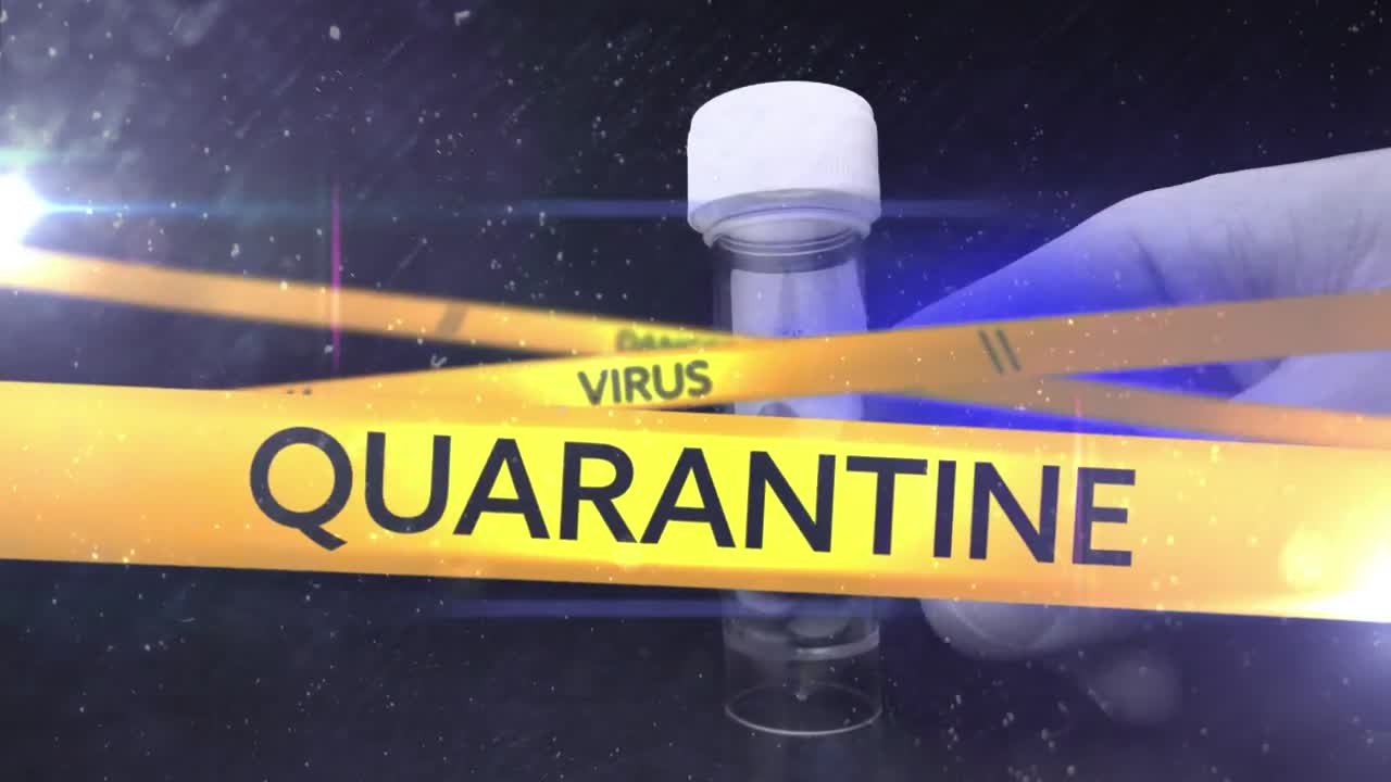 анимация полицейских лент над кавказской рукой, держащей коробку с таблетками