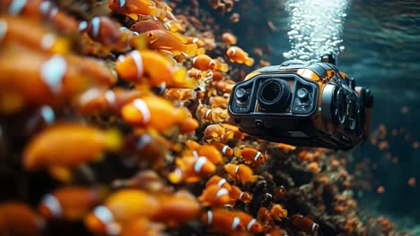underwater camera captures clownfish in coral reef